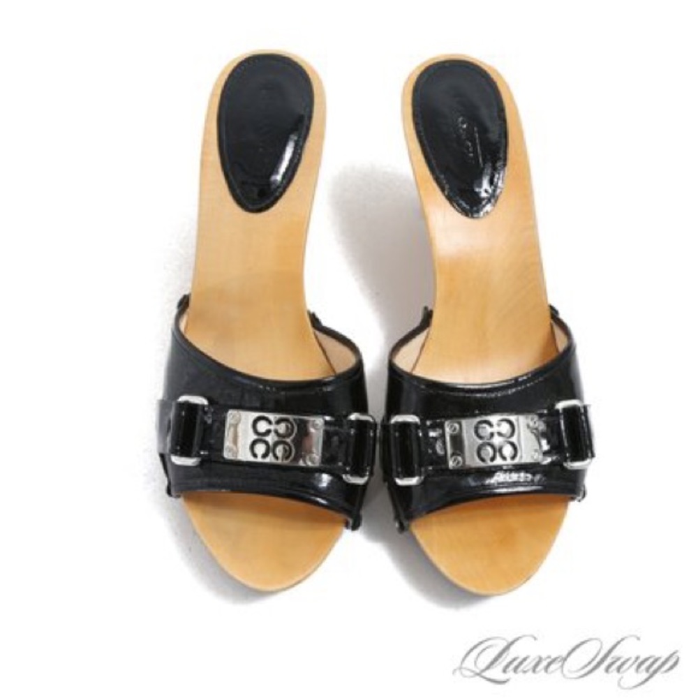 Coach Quinn Black Patent Leayher Wooden Slides. Sz 8